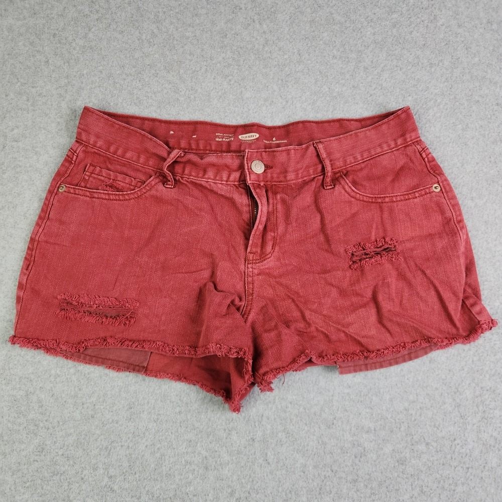 Old Navy Denim Shorts Womens 6 Red Semi-Fitted Stretch Distressed Raw Hem Cutoff
